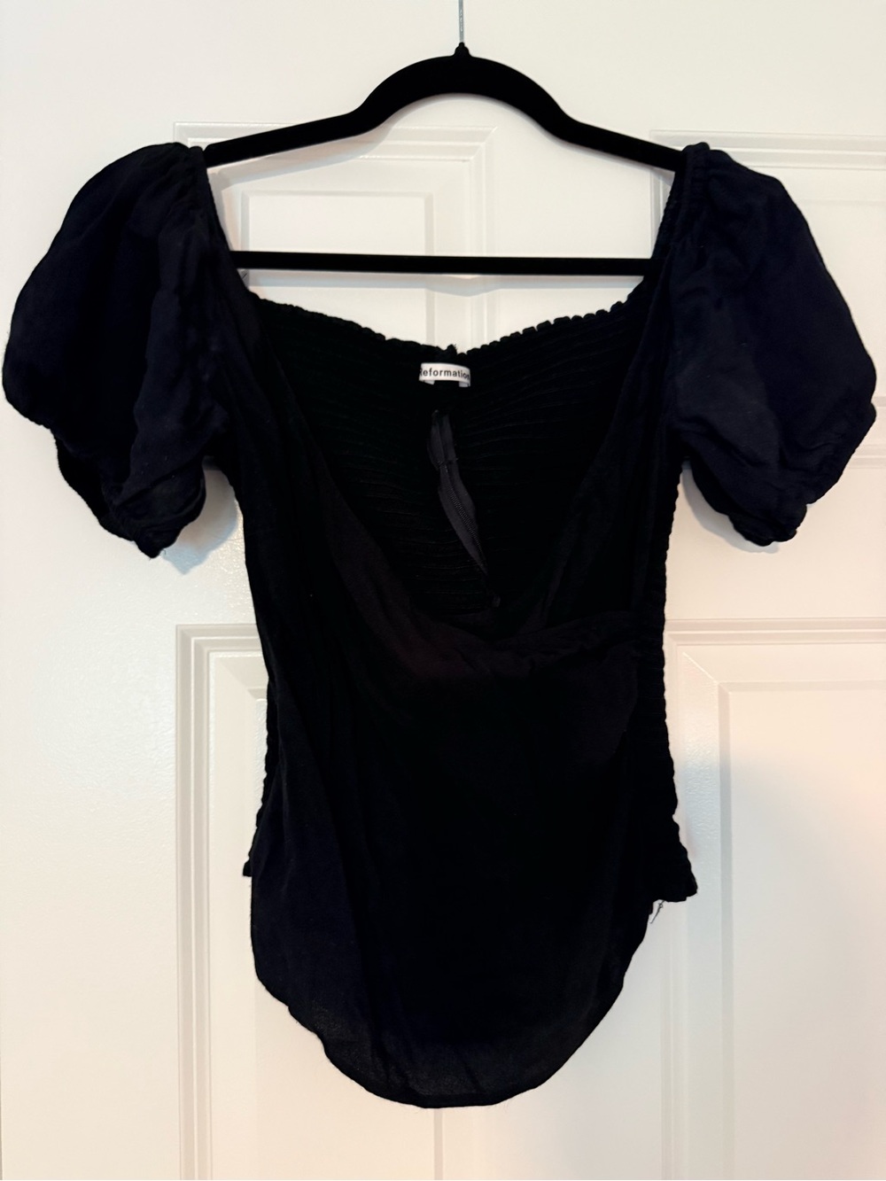 Reformation Black Puff-Sleeve Square Neck Blouse